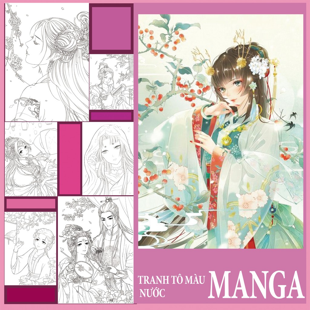 Bộ tranh tô màu nước,dạ,sáp.nội dung Manga, Manhua khổ a4- chất giấy dày,sần.