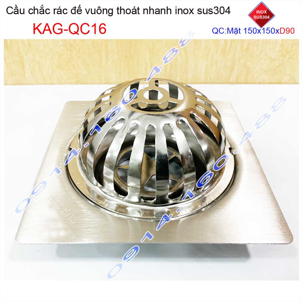 Cầu chắn rác đế vuông 15x15cm D90 KAG-QC16, Phễu thoát nước sân thượng SUS304 ống 9cm thoát nhanh chắn rác tốt