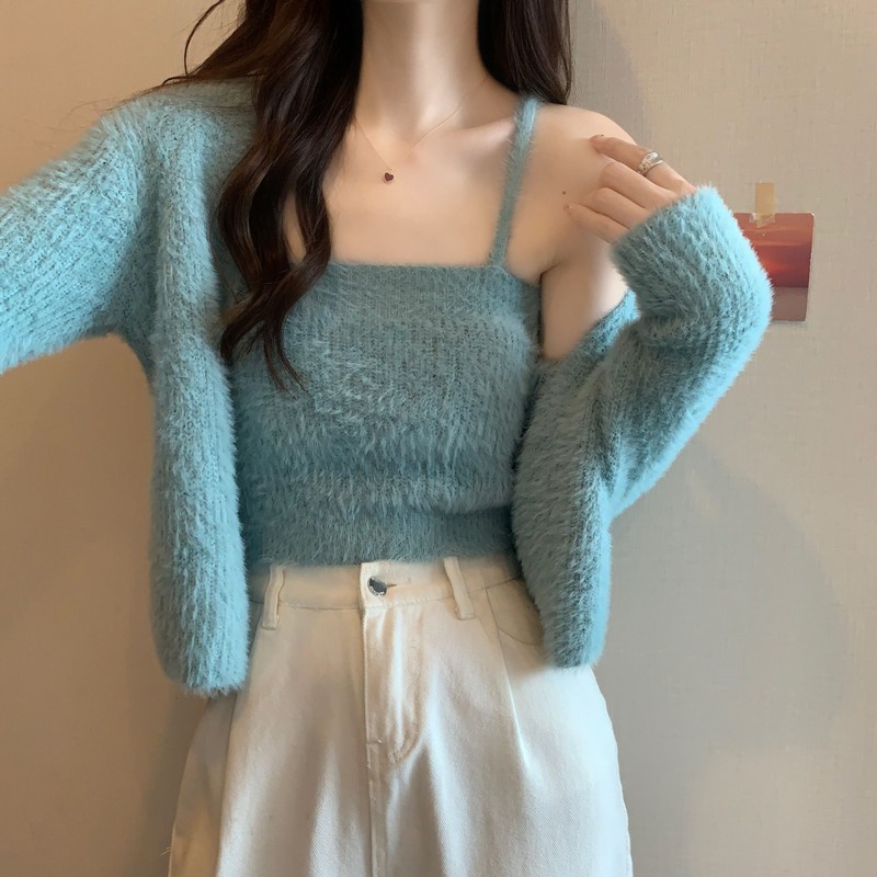 55938 Sling Dệt Kim Mềm + Áo Len Cardigan Hai Mảnh