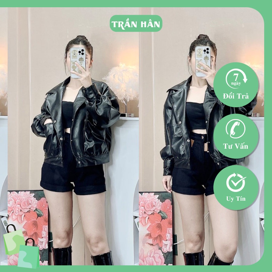 Áo khoác nữ tay daì bo tay hai túi trước chất da xịn thời trangI Trần hân Shop 2005906