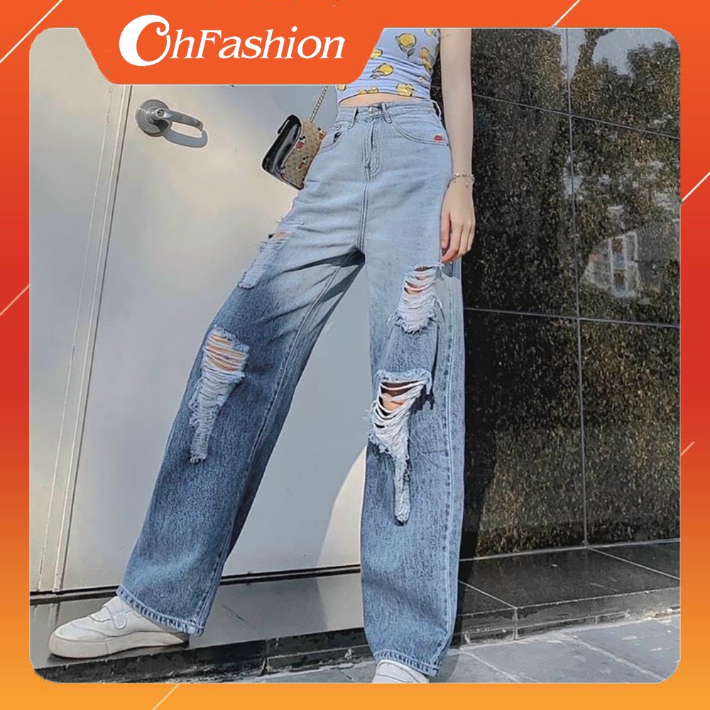 Quần Jeans Nữ Ống Rộng Phối Rách Cao Cấp OHS3181 | WebRaoVat - webraovat.net.vn