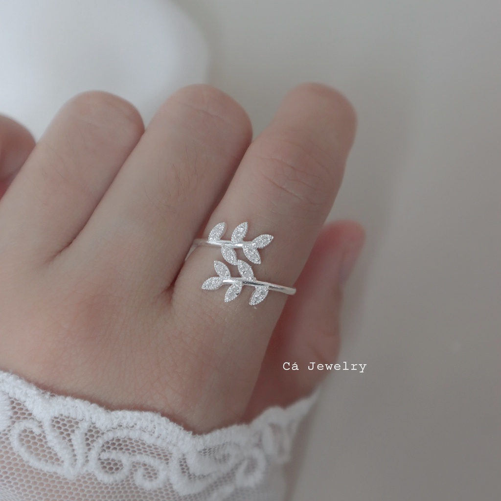 Nhẫn bạc nữ nhẫn nữ bạc s925 2 đầu nhành lá đính đá Cá jewelry NB149
