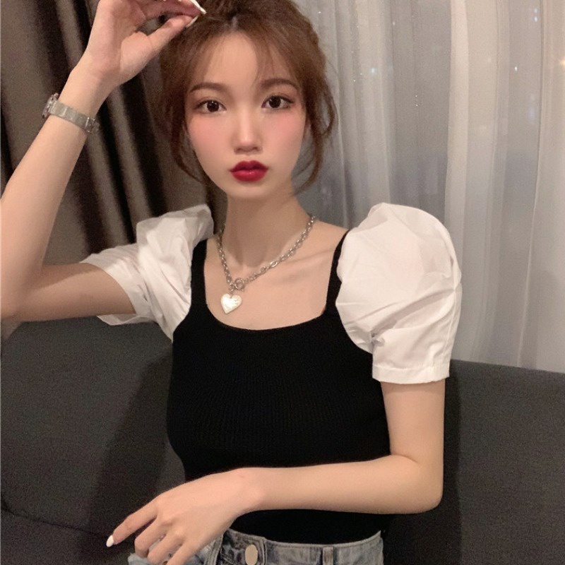 Áo thun ZHELIHANGFEI tay ngắn phồng cổ vuông phong cách phương Tây thời trang mùa hè cho nữ