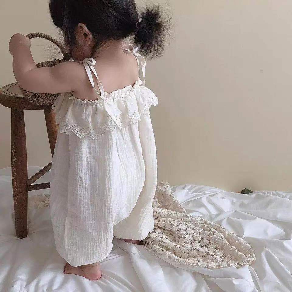 Bộ áo liền quần hai dây phối ren phong cách Hàn Quốc thời trang mùa hè cho bé gái F5KJ