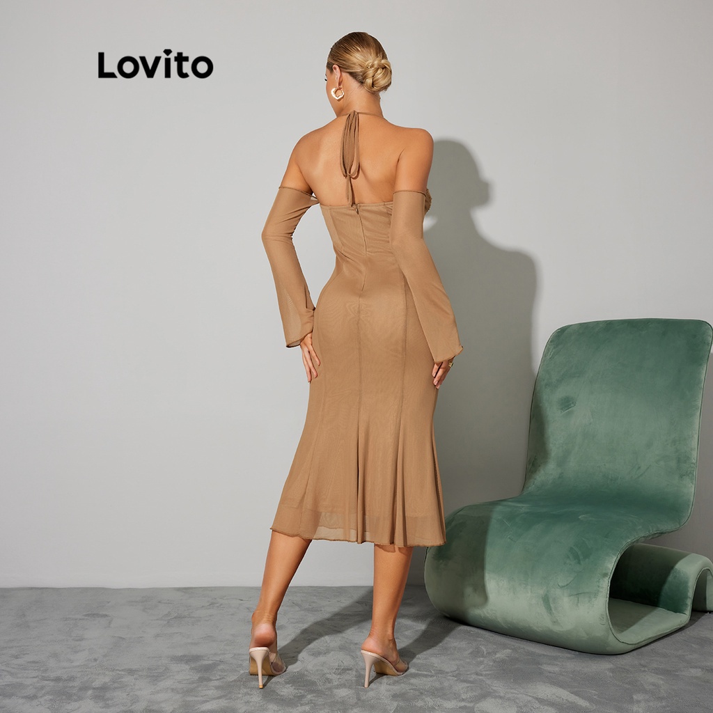 Lovito DAY &amp; NIGHT GLAMOR Bữa tiệc Đồng bằng dây buộc Trái tim Ngọt Chuông Cổ Tay Áo Cá Đuôi cá Váy L32LE048 (Kaki)