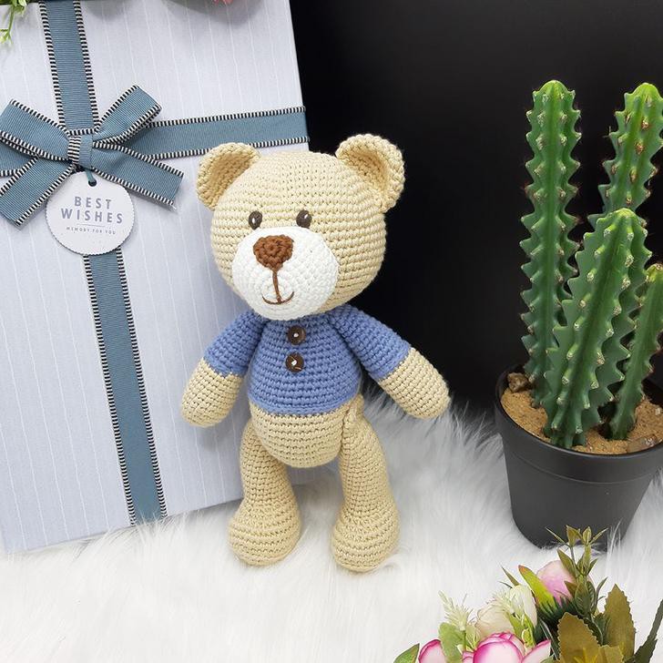 Gấu bông cao cấp - Gấu Teddy handmade làm từ len coton màu xanh hồng - SP000129