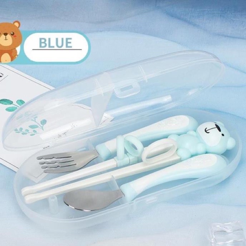 Bộ Hộp Thìa Đũa Dĩa Tập Ăn Dặm Hình Gấu An Toàn Cho Bé