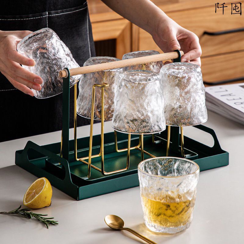 Bộ Bình Cốc giá đựng nước Thủy Tinh viền vàng ,vân sần ,sóng nước cao cấp Grado