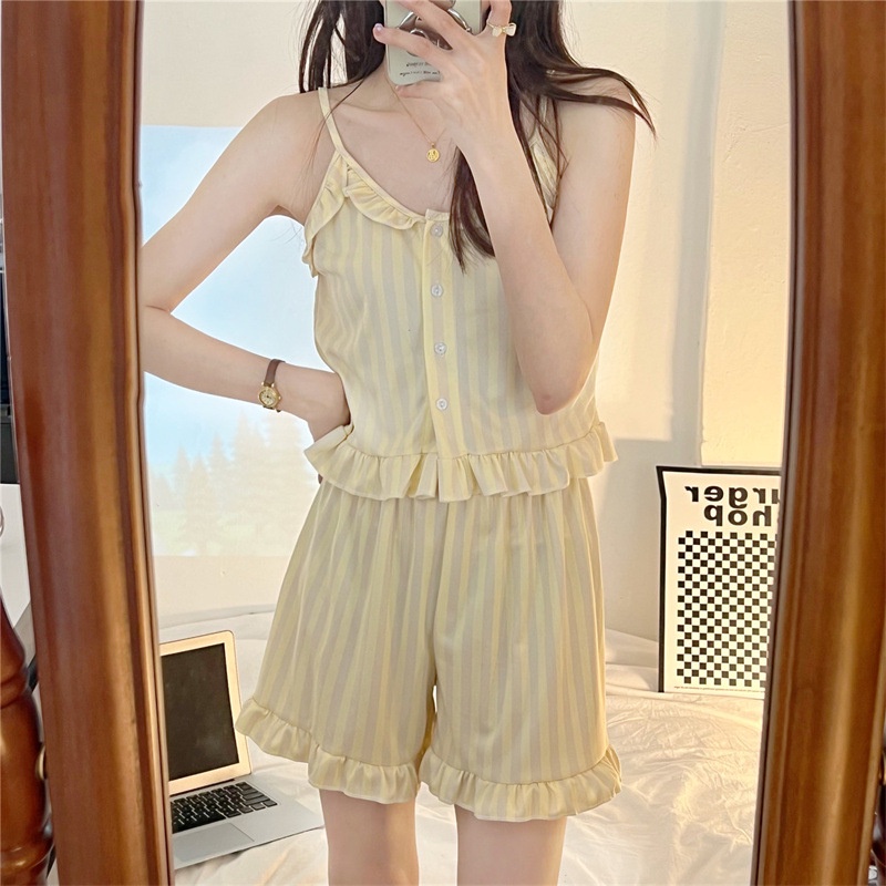 Bộ Đồ Ngủ Pijama Hai Dây Không Tay Phối Ren Phong Cách Mới Dành Cho Nữ