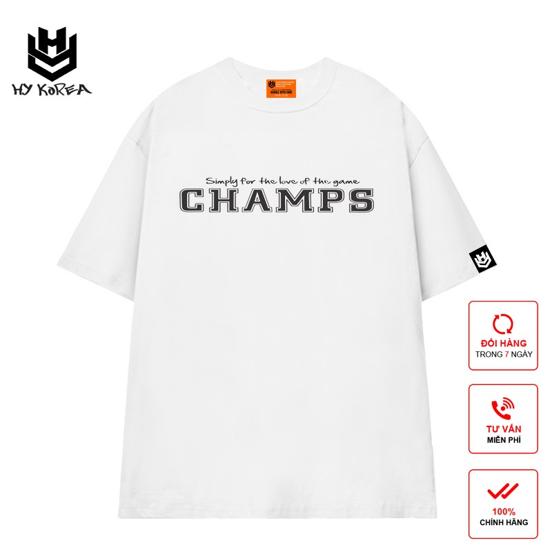 Áo Thun Nam Nữ HY KOREA Phom Rộng Tay Lỡ In Hình CHAMPS, Vải Cotton 75% Dày Mềm Mịn Đẹp.