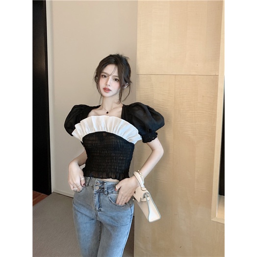 COZOK Áo sơ mi tay ngắn phồng màu đen thời trang mùa hè cho nữ