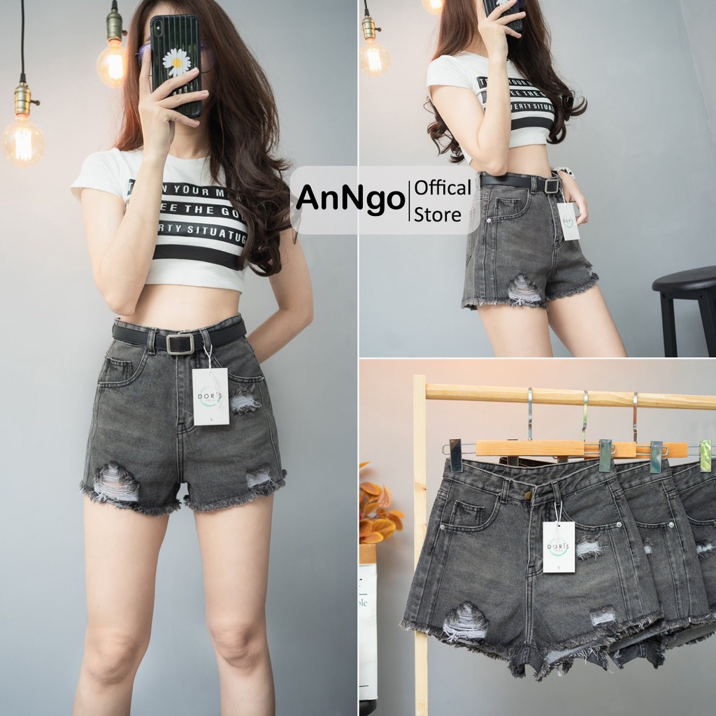 [FREESHIP_50K] Quần short jean nữ lưng cao phối rách denim cotton, rin ngắn phối rách AnNgo - AT73