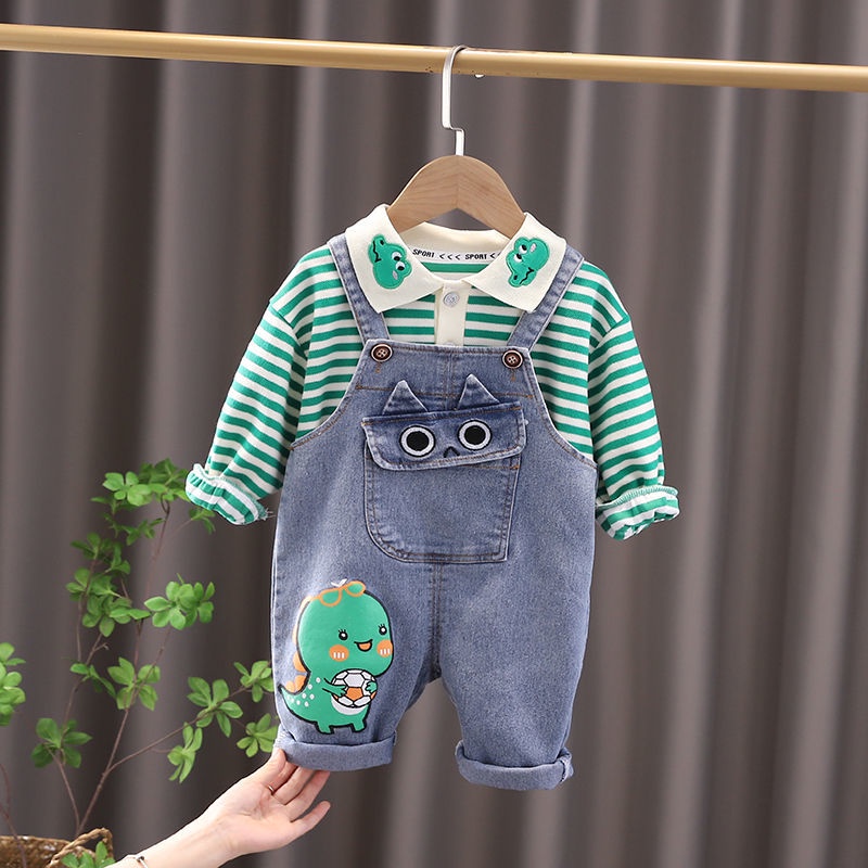 Set Đồ Mùa Thu 2 Món Gồm Áo Tay Dài Và Quần Yếm Jeans Thời Trang Cho Bé Trai
