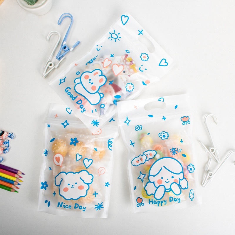 set 10 túi zip đựng bánh kẹo chibi hoạ tiết cute size 15.5 x 22 cm
