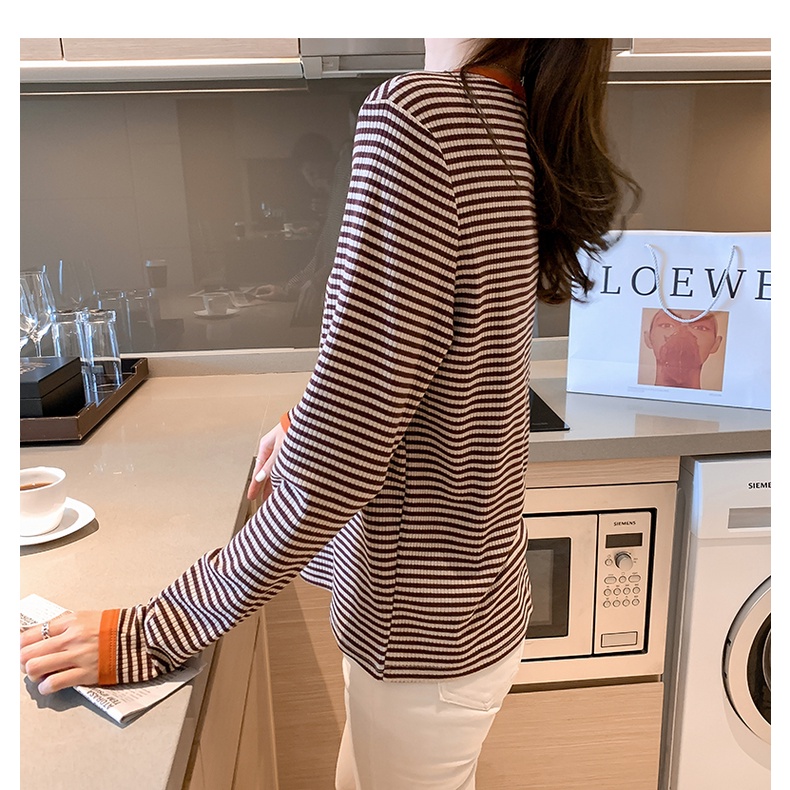 Áo Thun Dài Tay Dáng Rộng Họa Tiết Kẻ Sọc Màu Sắc Tương Phản Thời Trang Mùa Thu Mới