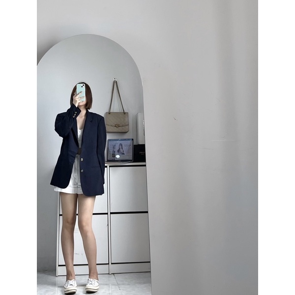 Áo blazer nữ tay dài màu xanh đen hàn quốc vải cao cấp có đệm vai