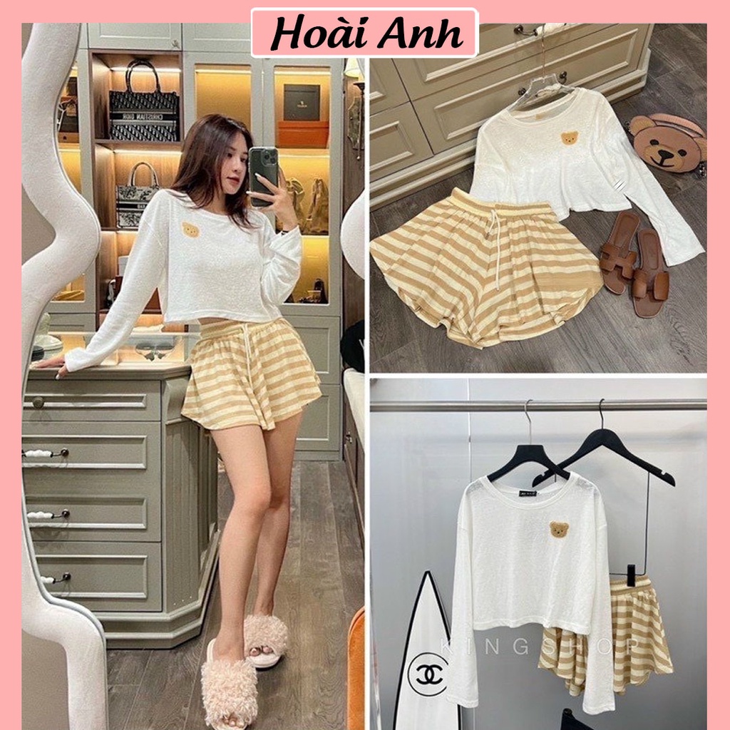 Set Bộ Đồ Nữ Áo Thun Giấy Croptop Dài Tay Thêu Gấu Nổi Mix Quần Đùi Kẻ 2 Lớp Ống Váy Hàng QC