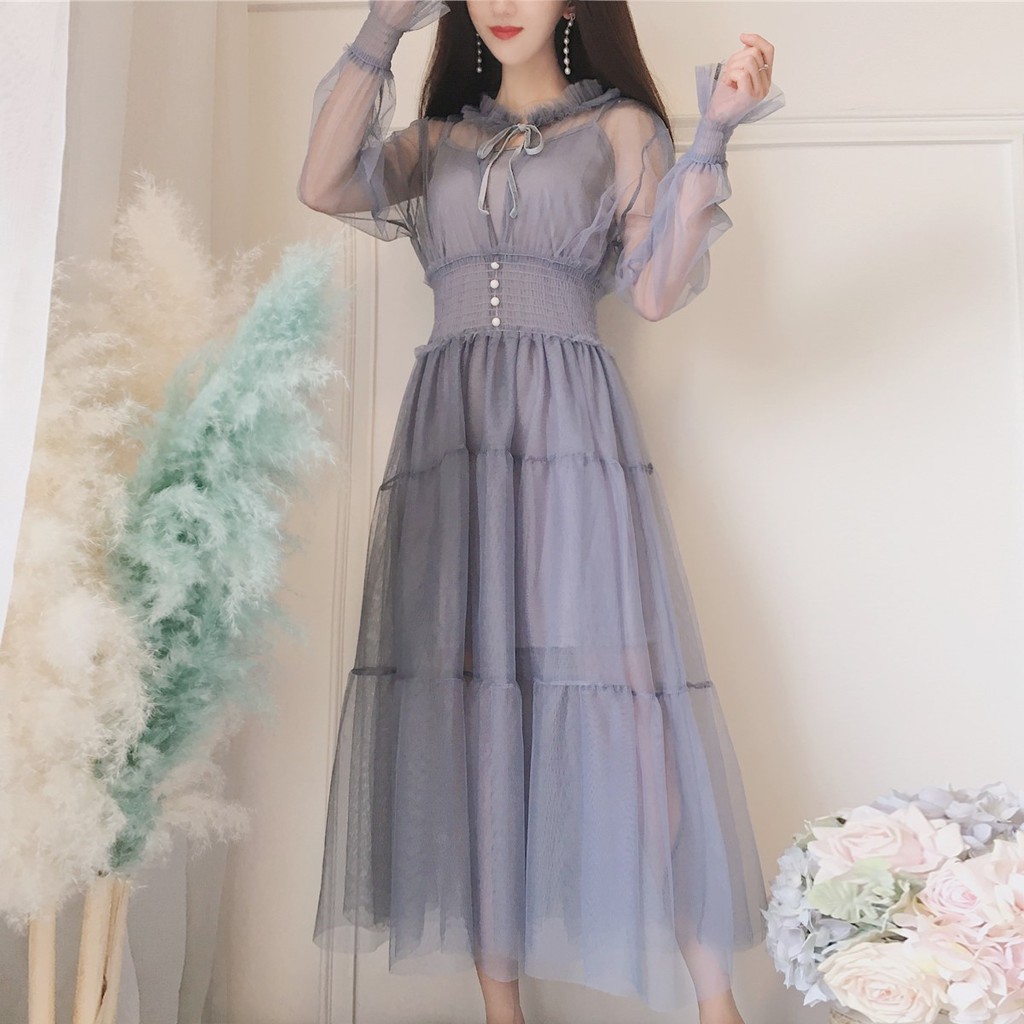 M21 - Đầm công chúa Ulzzang tay bồng dáng dài phối lưới bo eo xinh xắn (5 màu) | BigBuy360 - bigbuy360.vn