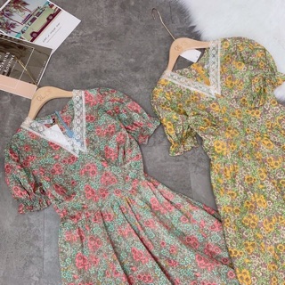 🌼🌸  VÁY HOA CỔ V PHỐI REN SIÊU XINH  🌸🌼