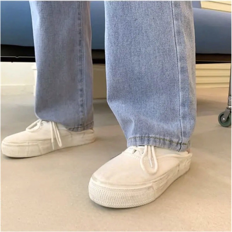 [SẴN] Quần jeans denim dài cạp cao, ống suông, có nút gài eo quần bò thần thánh kéo dài chân