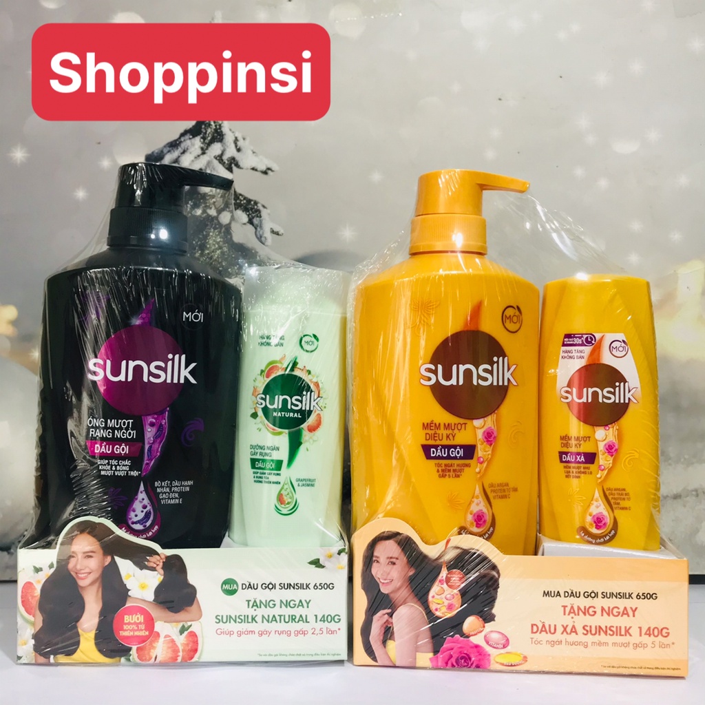 DẦU GỘI ĐẦU SUNSILK BỒ KẾT ÓNG MƯỢT DẦU GỘI 650G TẶNG KÈM CHAI XẢ(GỘI) 140g HOẶC KHĂN MẶT