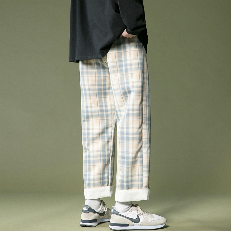 Men's Wide-legged Plaid Pants Korean Style Straight Baggy Pants for Men Loose Casual Fashion Trousers Unisex