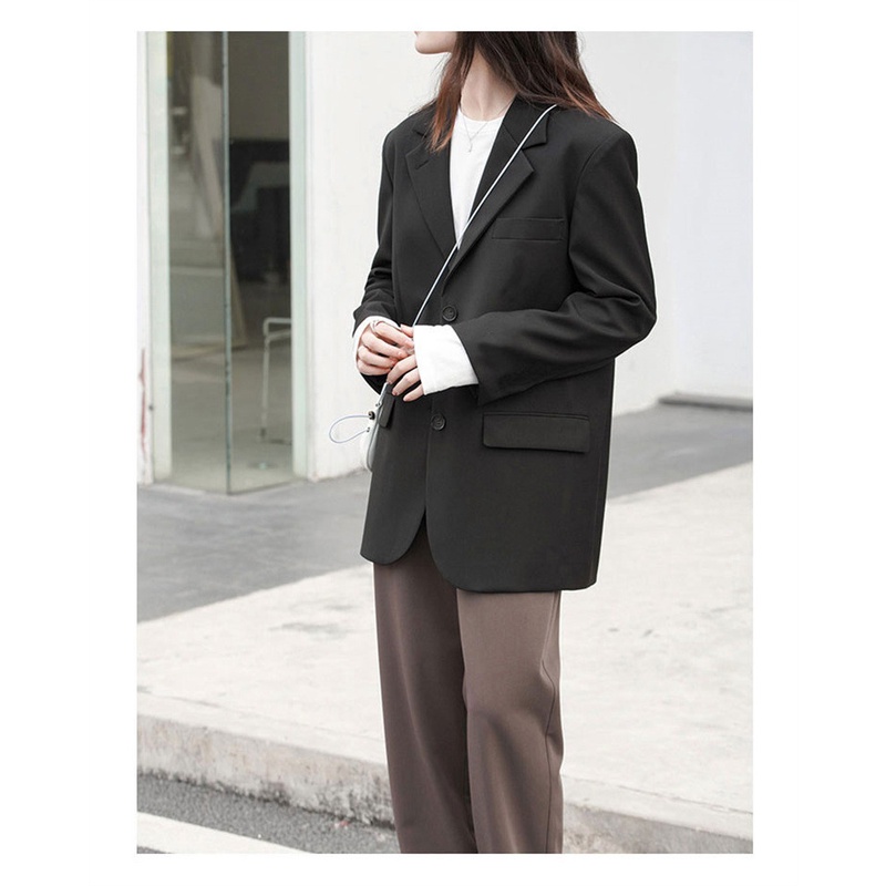 [free gift] Áo Khoác Blazer Màu Đen Dáng Rộng Phong Cách Hàn Quốc Thời Trang Xuân Thu Cho Nữ 2021