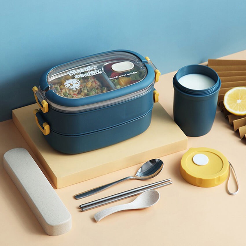 [COMBO] Hộp đựng cơm văn phòng giữ nhiệt lúa mạch 2 tầng lõi inox 304, dung tích 1,5 lít + Cốc đựng canh + Túi giữ nhiệt