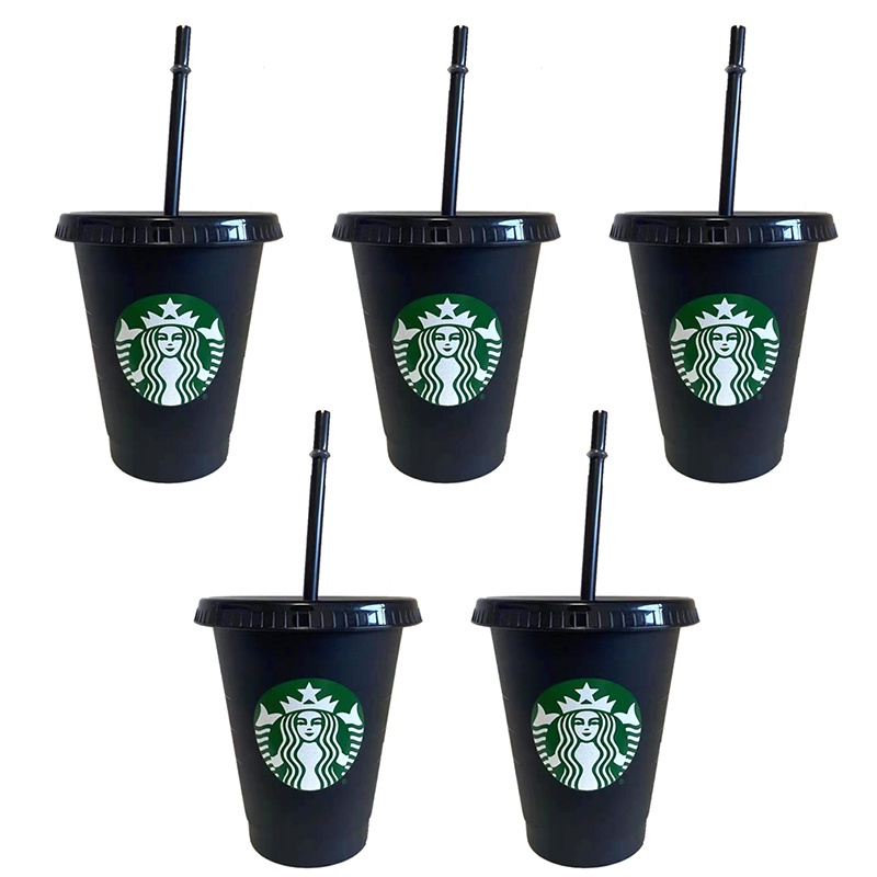 Ly uống nước họa tiết Starbucks bằng nhựa trong suốt 700ml có nắp đậy và ống hút chất lượng cao