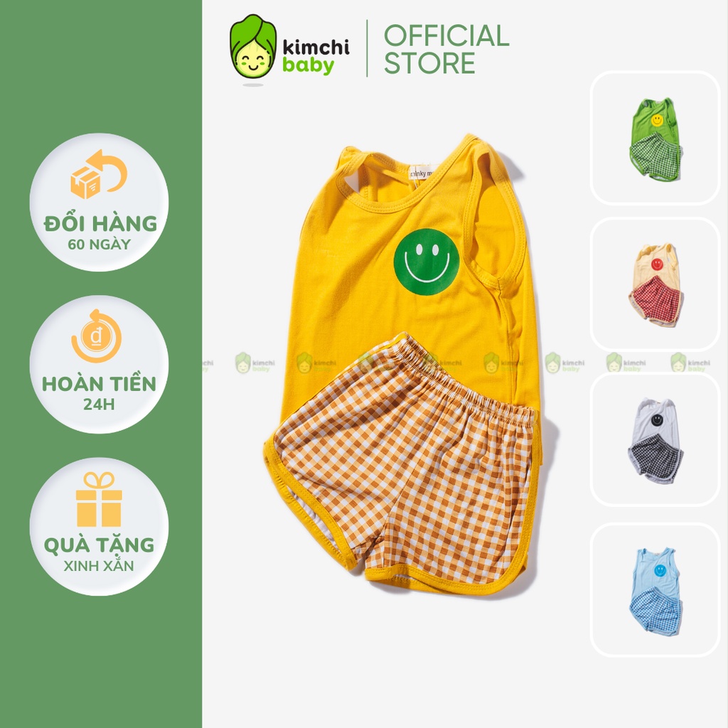 Bộ Ba Lỗ Bé Trai, Bé Gái MinkyMom Vải Thun Lạnh Hoạ Tiết Mặt Cười Quần Kẻ , Áo 3 Lỗ Cho Bé Mặc Hè Thoáng Mát MKM3LO2213