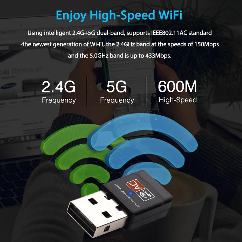 Usb Thu Sóng WiFi Băng Tần Kép 600Mbps 2.4GHz 5GHz 802.11b / n / g / ac Cho Máy Tính