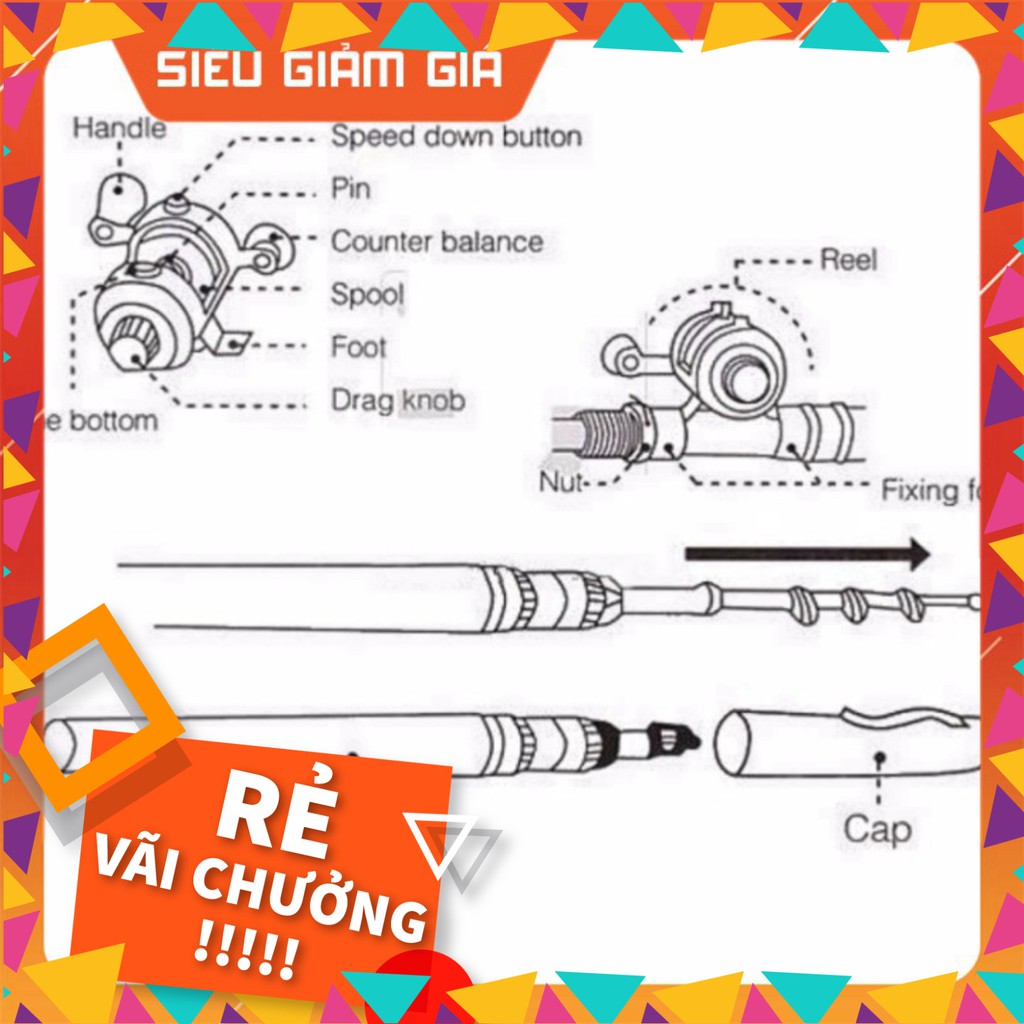 [Combo] Cần câu cá mini hình cây bút kèm tay quay dây câu [Giá rẻ]