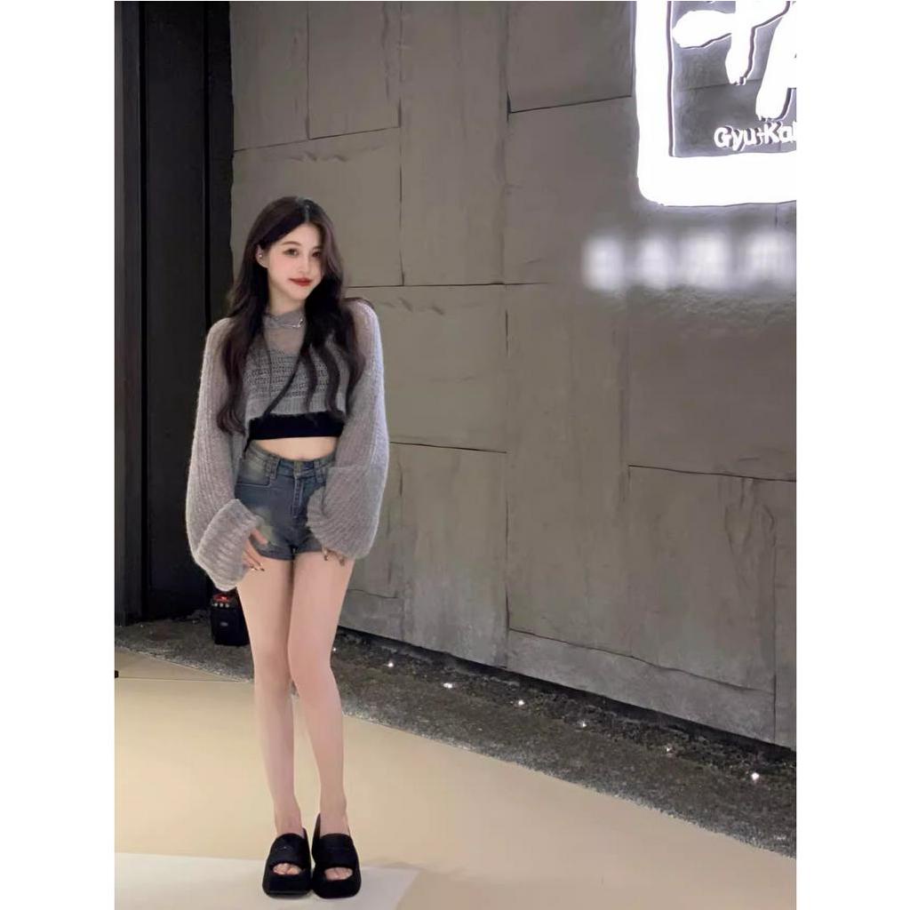 Xiaozhainv Quần Short Denim Lưng Cao Dáng Chữ A Phong Cách Retro Hàn Quốc Cho Nữ