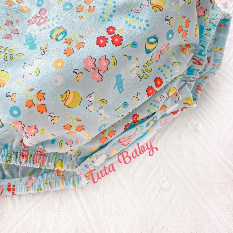 Body Cho Bé Gái Màu Xanh Dương Hoạ Tiết Hoa Nhí Kèm Turban Nơ, Bodysuit Cho Bé 4-11kg
