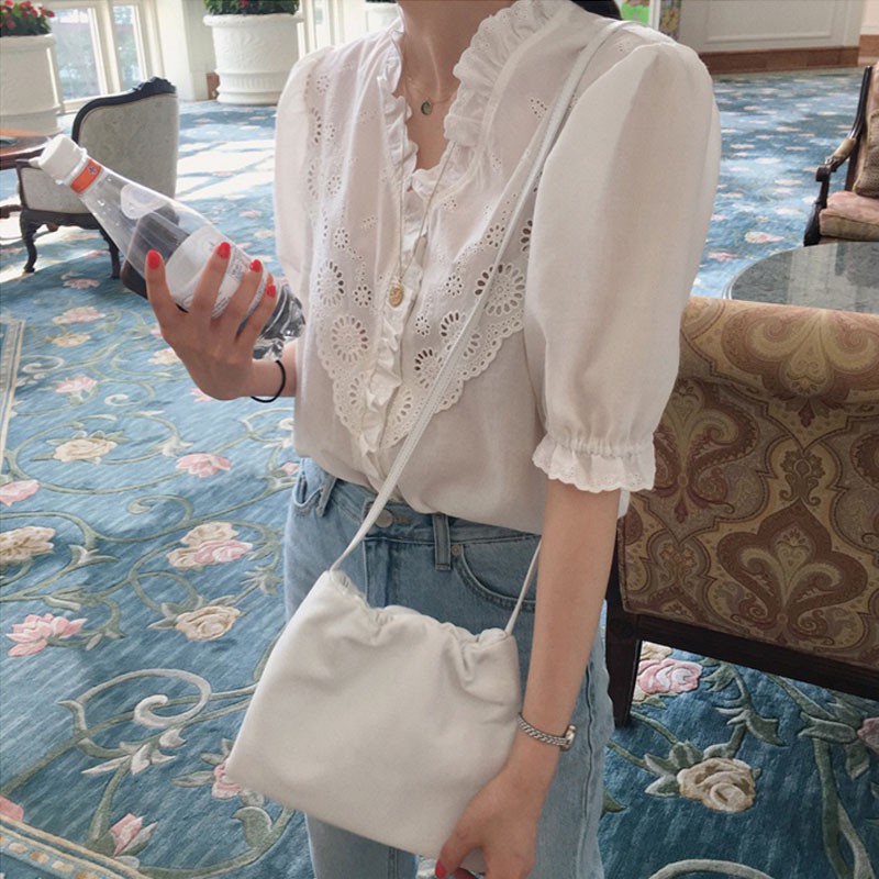 Áo Kiểu Tay Phồng Ngắn Cổ Chữ V Phối Bèo Phong Cách Retro Hàn Quốc