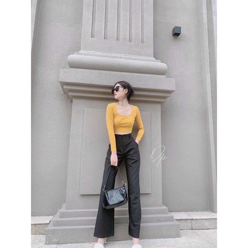 Áo Croptop Nữ Cổ Vuông Tay Dài Chất Cotton Co Dãn,Áo Thun Tay Dài Màu Trơn Dáng Ngắn Kiểu Ôm Sexy