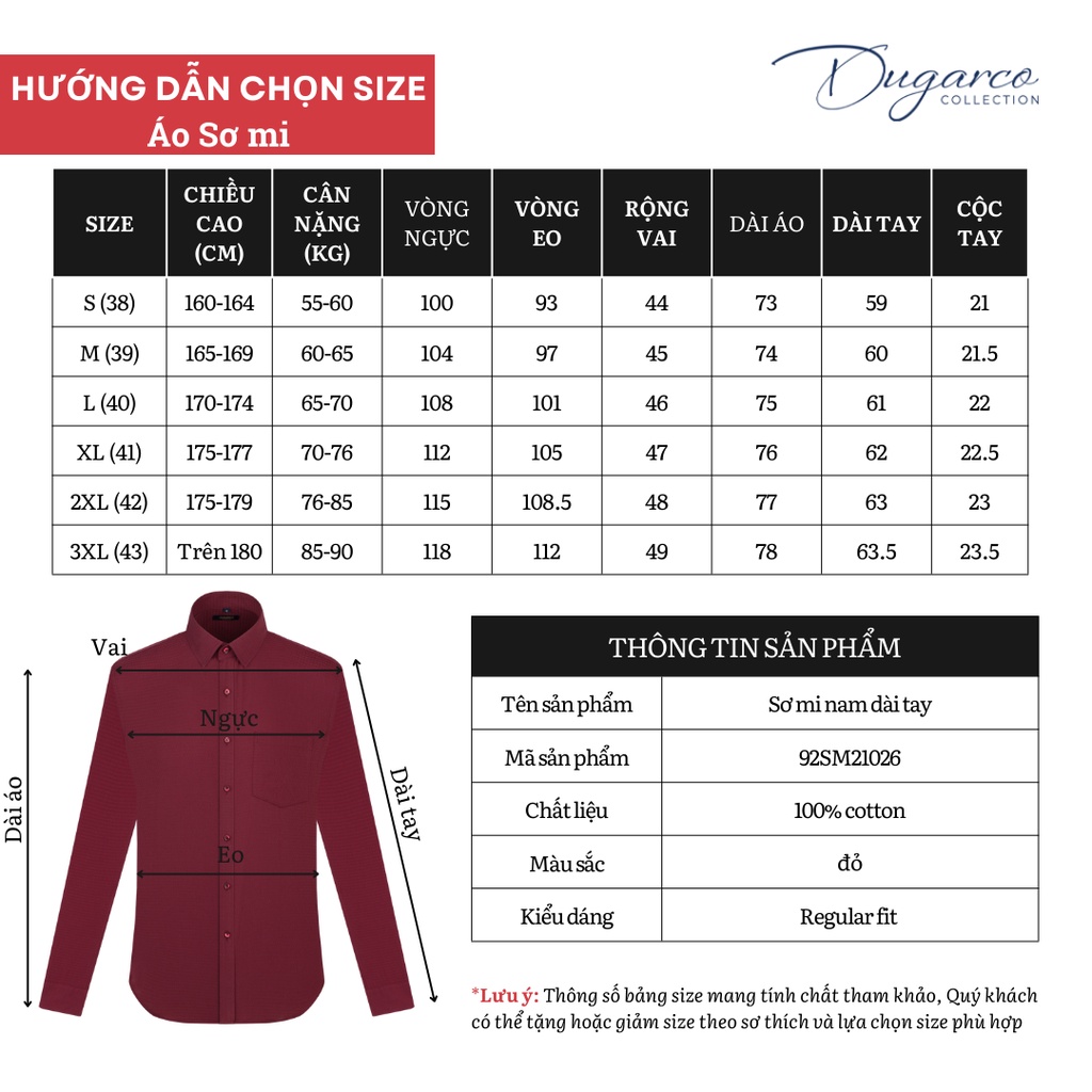 Áo sơ mi cotton DUGARCO công sở dài tay nam 92SM21026