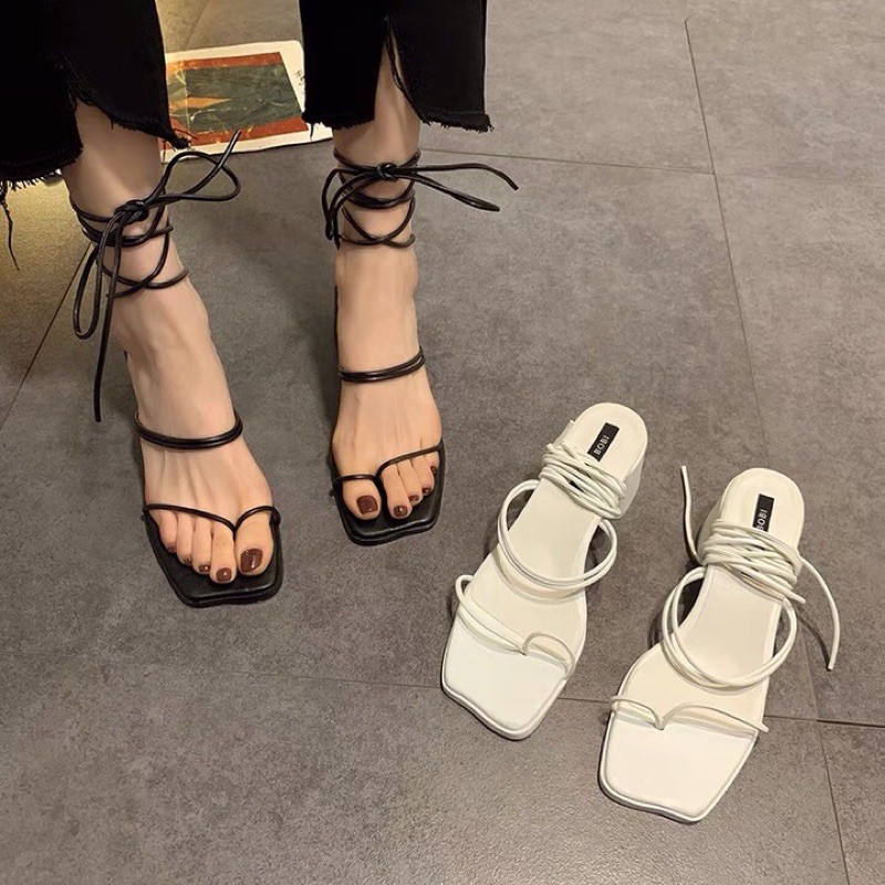 Sandal nữ buộc dây xỏ ngón thời trang đi biển gót vuông cao 5cm