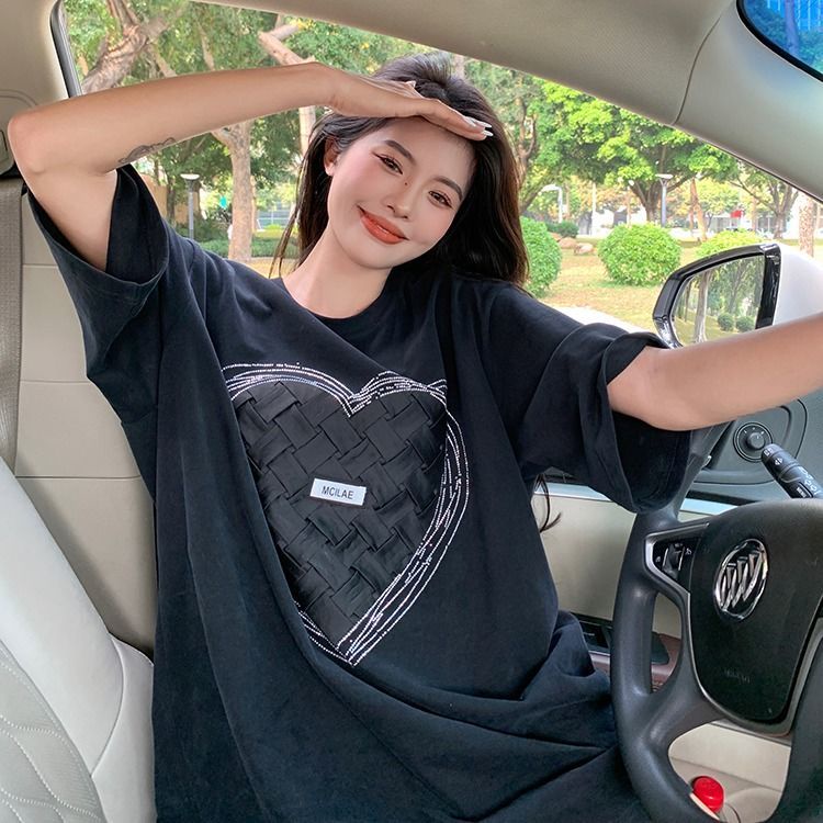 Áo Thun Tay Ngắn Dáng Rộng Đính Đá Thiết Kế Mới Thời Trang Dành Cho Nữ