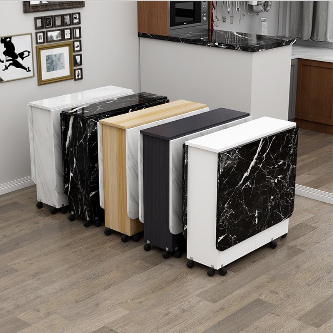 [ẢNH THẬT] Bàn ăn gỗ gấp gọn, Bàn ăn gỗ mặt vân đá có bánh xe dễ di chuyển | BigBuy360 - bigbuy360.vn