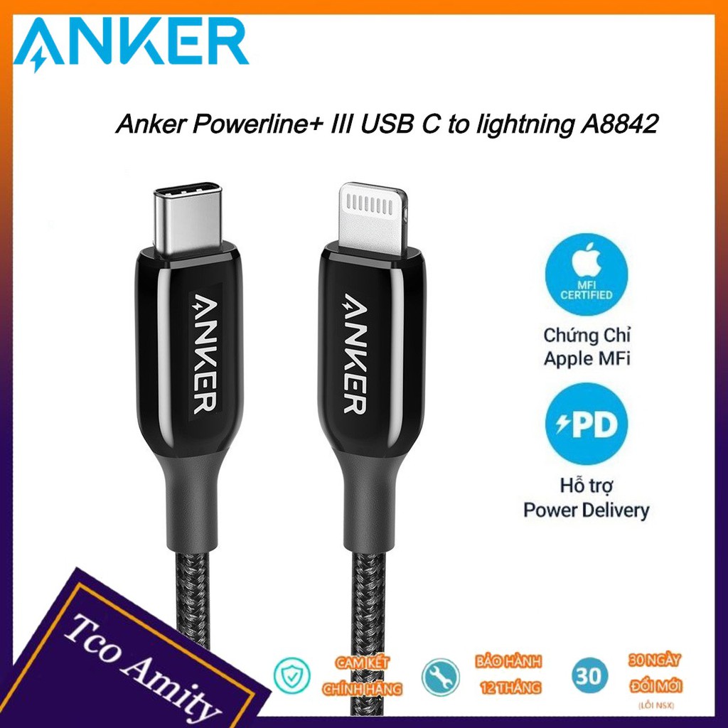 Cáp sạc nhanh Anker Powerline+ III USB C to lightning A8842(0.9m) - Sạc nhanh 18w chuẩn MFI  - Hỗ trợ truyền dữ liệu