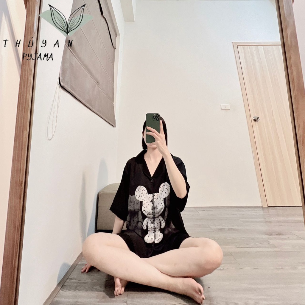 Bộ Pijama nữ bigsize tai chuột trắng cộc đùi chất lụa Mango ko nhăn dành cho nữ, mẹ bầu 60 - 90kg