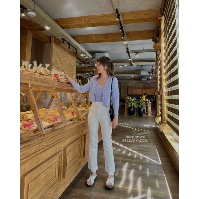 [RÁCH STORE] Set áo len 1892 áo dây kèm áo khoác len 3 nút đá - Quần baggy 503 trơn ống suông