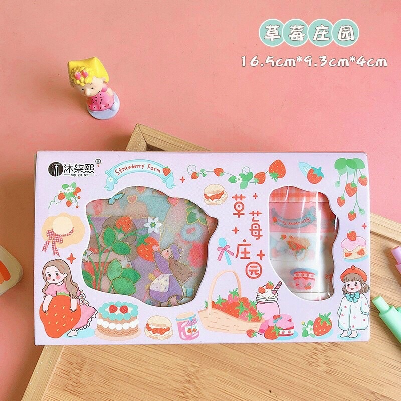 Hộp washi tape kèm sticker - Set 5 băng keo trang trí và 8 tấm sticker