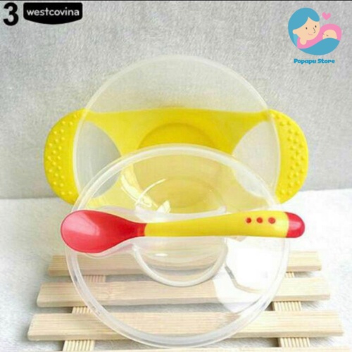 Bát ăn dặm kèm thìa ăn dặm báo nóng bón cháo đút bột chất liệu silicon an toàn cho bé - Popapu store