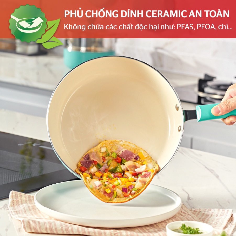 Bộ nồi chảo Ceramic đáy từ Sunhouse AM1102A | 16cm/20cm/24cm/26cm | Chống dính Ceramic 6 lớp | Hàng chuẩn Mỹ