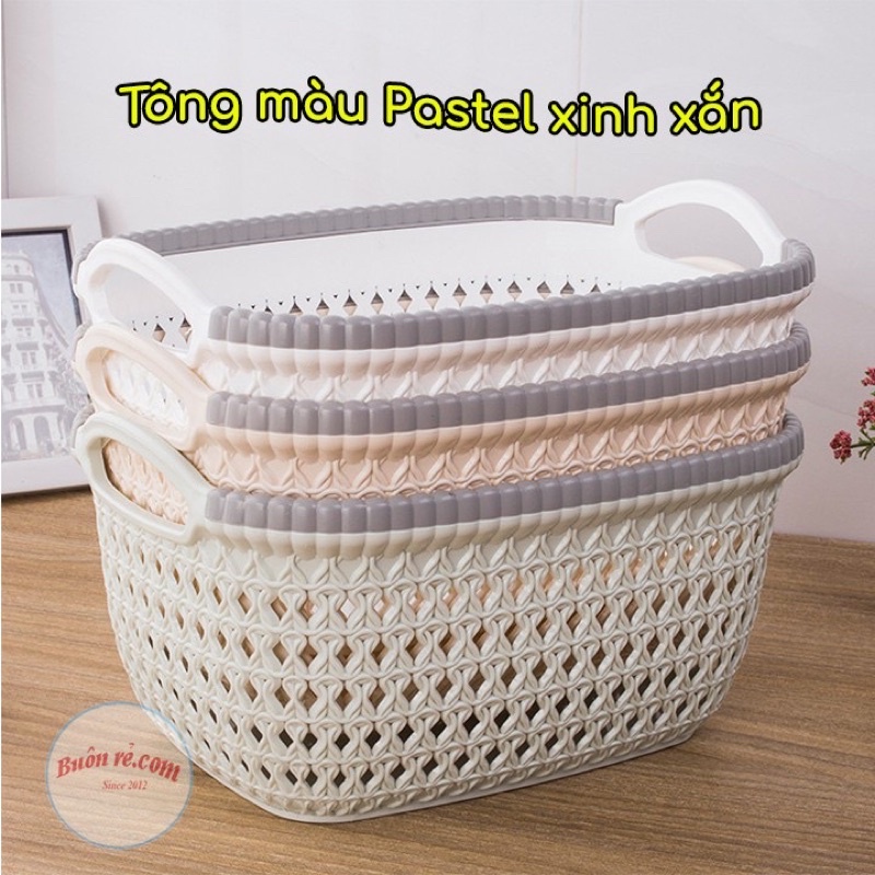 Rổ nhựa giả đan mây có quai cầm Việt Nhật, giỏ hoa 2 size màu pastel xinh xắn