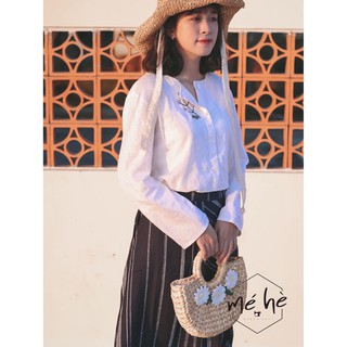 Chân váy linen sọc phối mảnh