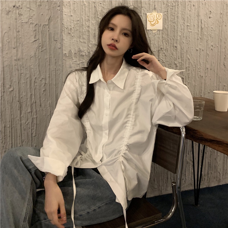 Áo Sơ Mi Dây Rút Tay Dài Thời Trang Hàn Quốc Cho Nữ