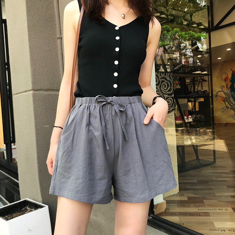 Quần short vải nữ đũi ống rộng mặc nhà cạp cao bigsize GUPO STORE WS34